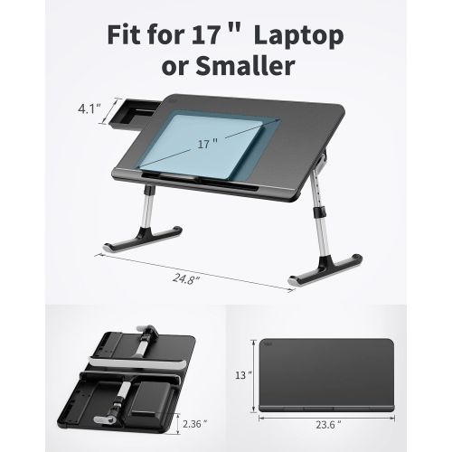  [아마존베스트]Laptop Table Stand Desk, SAIJI Adjustable PVC Leather Laptop Bed Table, Portable Standing Desk with Storage Drawer, Foldable Lap Tablet Desk for Sofa Couch Floor (Large,Black)