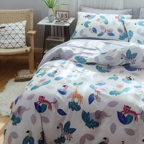  SAIWER Kids Duvet Cover Sets, Children Teens Boys 100% Cotton Bedding Sets, 1 Duvet Cover 2 Pillowcases, Dinosaur Cartoon Pattern - Queen