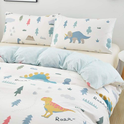  SAIWER Kids Duvet Cover Sets, Children Teens Boys 100% Cotton Bedding Sets, 1 Duvet Cover 2 Pillowcases, Dinosaur Cartoon Pattern - Queen