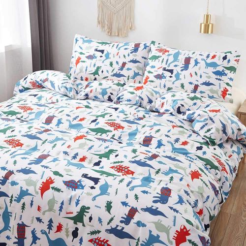  SAIWER Kids Duvet Cover Sets, Children Teens Boys 100% Cotton Bedding Sets, 1 Duvet Cover 2 Pillowcases, Dinosaur Cartoon Pattern - Queen