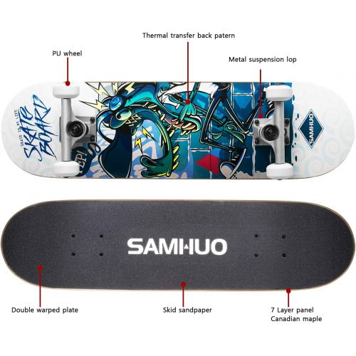  SAMHUO Skateboards 31X 8 Pro Complete Skateboard 7 Layer Canadian Maple Skateboard Deck for Extreme Sports and Outdoors