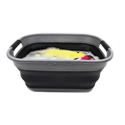  SAMMART 17.5L (4.6 Gallon) Collapsible/Foldable/Pop Up/Portable Washing Tub/Storage Basket, Water Capacity 13.5L/3.5 Gallon (2, Grey/Black (Set of 2))