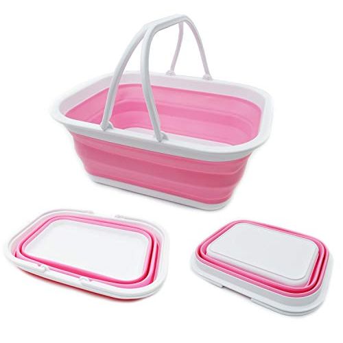  SAMMART 15.5L (4.1 Gallons) Collapsible Tub with Handle - Portable Outdoor Picnic Basket/Crater - Foldable Shopping Bag - Space Saving Storage Container (Pink)