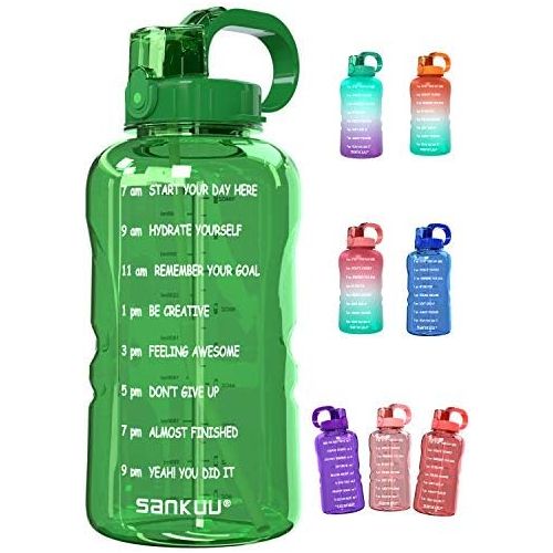  [아마존베스트]SANKUU Large 1 Gallon/128oz Gallon Water Bottle Motivational with Time Marker & Straw, Leakproof Water Jug Ensure You Drink Daily Water Throughout The Fitness Day (Green)