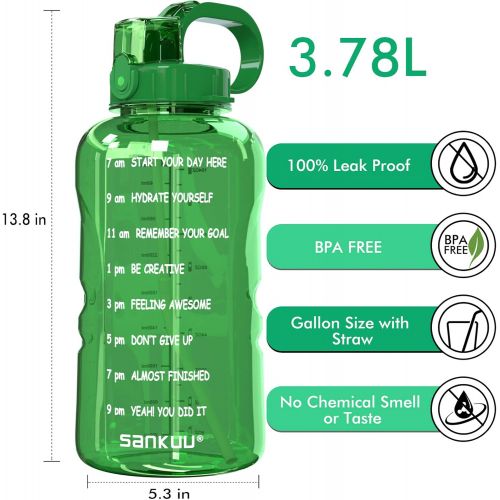  [아마존베스트]SANKUU Large 1 Gallon/128oz Gallon Water Bottle Motivational with Time Marker & Straw, Leakproof Water Jug Ensure You Drink Daily Water Throughout The Fitness Day (Green)