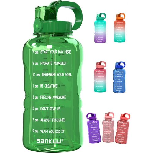  [아마존베스트]SANKUU Large 1 Gallon/128oz Gallon Water Bottle Motivational with Time Marker & Straw, Leakproof Water Jug Ensure You Drink Daily Water Throughout The Fitness Day (Green)