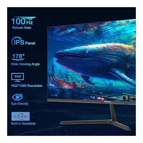  SANSUI 24 inch Monitor, IPS Display Computer Monitor with Built-in Speakers, 100Hz Monitor VESA Mount with DisplayPort HDMI VGA Inputs, FHD Monitor for Home Office (ES-24x3A HDMI Cable Included)