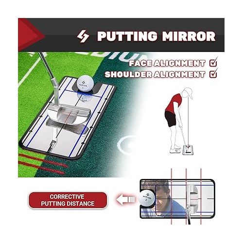  SAPLIZE Two-Speed Golf Putting Practice Mat with Putting Alignment Mirror, 20 in X 10 ft Putting Training Aid Mat, Anti-Slip Backing Golf Putting Green for Indoor/Outdoor