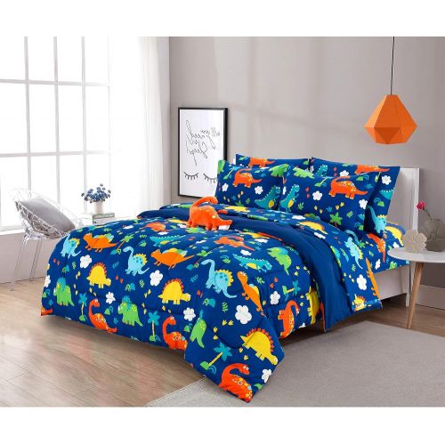  [아마존베스트]Sapphire Home 6 Piece Twin Kids Boys Comforter Set Bed in Bag w/Shams, Sheet Set & Decorative Toy Pillow, Dinosaurs Print Blue Green Boys Kids Comforter Bedding Set w/Sheets, Twin