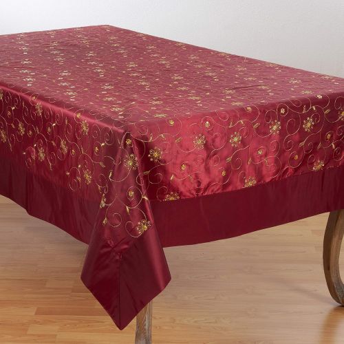  SARO LIFESTYLE XJ511.BU65162B Sevilla Collection Beautiful Holiday Tablecloth with Embroidered and Sequined Design, 65 x 162, Burgundy