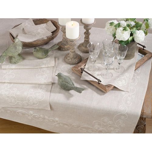  SARO LIFESTYLE Embroidered Swirl Design Linen Blend Tablecloth/001.N67160B, 67 x 160, Natural