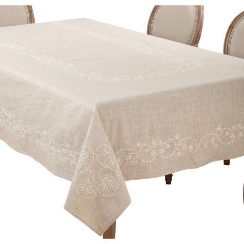  SARO LIFESTYLE Embroidered Swirl Design Linen Blend Tablecloth/001.N67160B, 67 x 160, Natural