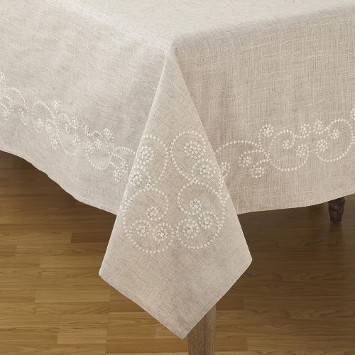  SARO LIFESTYLE Embroidered Swirl Design Linen Blend Tablecloth/001.N67160B, 67 x 160, Natural