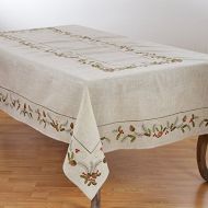 SARO LIFESTYLE 1851.N67104B Joyeuses Fetes Collection Holiday Tablecloth With Embroidered Pinecone And Holly Design 67 x 104 Natural