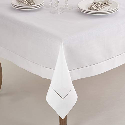  SARO LIFESTYLE 6300.W70120B Rochester Collection Hemstitched Border Tablecloth, 70 x 120, White