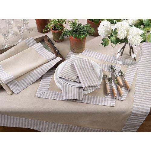  SARO LIFESTYLE Dupont Collection Striped Border Design Cotton Linen Tablecloth, 70 x 120, Natural