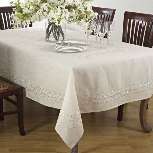  SARO LIFESTYLE 493.N67180B Embroidered Scroll Border Natural Tablecloth, Natural, 67x180