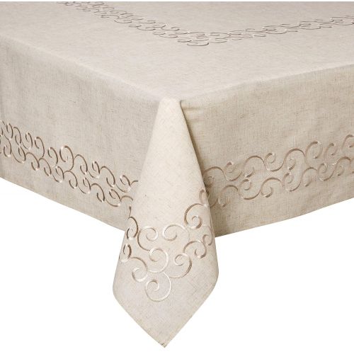  SARO LIFESTYLE 493.N67120B Embroidered Scroll Border Natural Tablecloth, Natural, 67x120