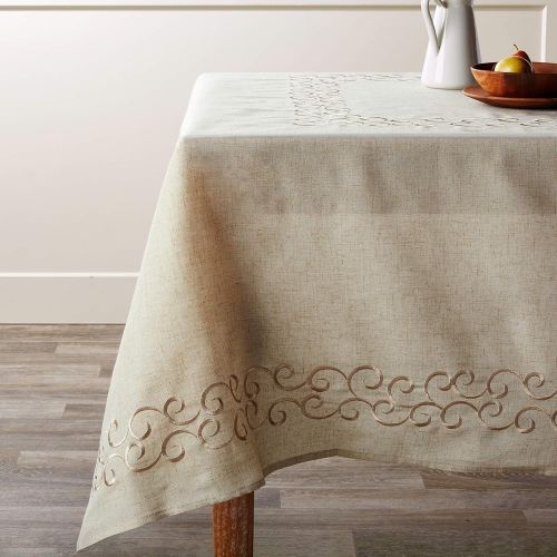  SARO LIFESTYLE 493.N67120B Embroidered Scroll Border Natural Tablecloth, Natural, 67x120