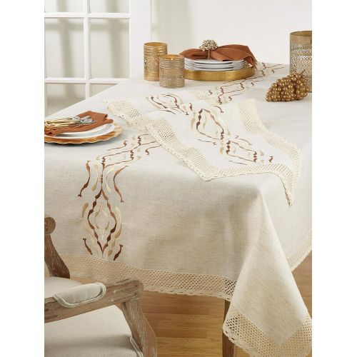  SARO LIFESTYLE 4799.N72120B Caledonia Collection Natural Poly And Linen Blend Tablecloth With Laced Borders 72 x 120
