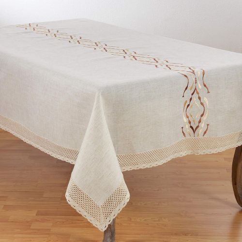  SARO LIFESTYLE 4799.N72104B Caledonia Collection Natural Poly And Linen Blend Tablecloth With Laced Borders 72 x 104