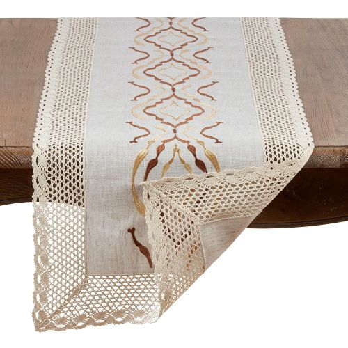  SARO LIFESTYLE 4799.N1672B Caledonia Collection Poly And Linen Blend Runner With Laced Border, 16 x 72, Natural