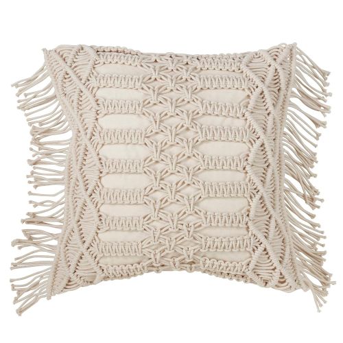  SARO LIFESTYLE Collection Cotton Down-Filled Macrame Throw Pillow 18 Natural