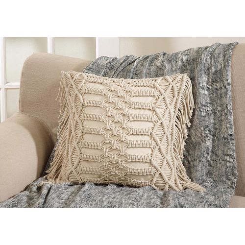  SARO LIFESTYLE Collection Cotton Down-Filled Macrame Throw Pillow 18 Natural