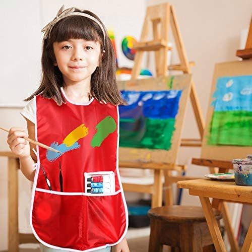  [아마존베스트]SATINIOR 4 Pieces Art Smock for Kids Artist Smock Waterproof Painting Apron Painting Smocks for Children, 4 Colors (Green, Red, Blue, Pink)