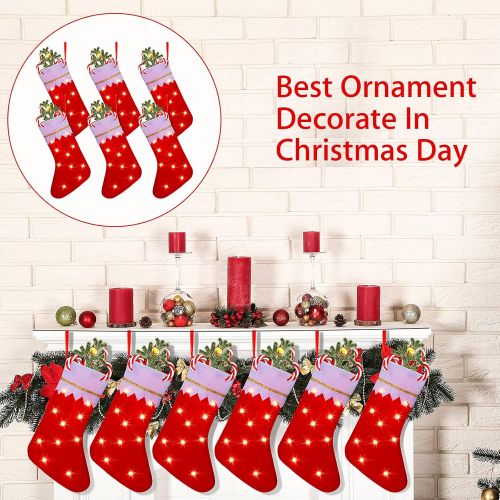  SATINIOR 6 Pieces Christmas Stockings with LED Lights 14 Inch Xmas Personalized Fireplace Stocking Christmas Tree Hanging Stockings Non-Woven Fabrics Tree Hanging Decoration for Family Holi