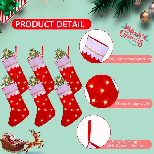  SATINIOR 6 Pieces Christmas Stockings with LED Lights 14 Inch Xmas Personalized Fireplace Stocking Christmas Tree Hanging Stockings Non-Woven Fabrics Tree Hanging Decoration for Family Holi