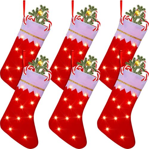  SATINIOR 6 Pieces Christmas Stockings with LED Lights 14 Inch Xmas Personalized Fireplace Stocking Christmas Tree Hanging Stockings Non-Woven Fabrics Tree Hanging Decoration for Family Holi