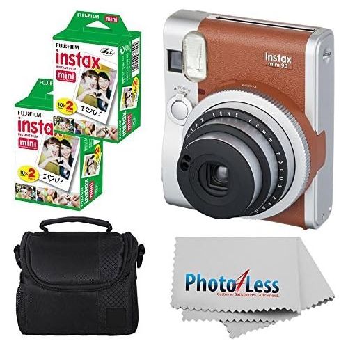 후지필름 SAULEOO Fujifilm Mini 90 Neo Classic Instant Camera (Brown) With 2x Fujifilm Mini 20 Pack Instant Film (40 Shots) + Compact Camera Case + Cleaning Cloth - Instant Camera Bundle