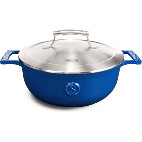  [아마존베스트]SAVEUR SELECTS Enameled Cast Iron 3-1/2-Quart Saucier with Stainless Steel Lid, Classic Blue, Voyage Series