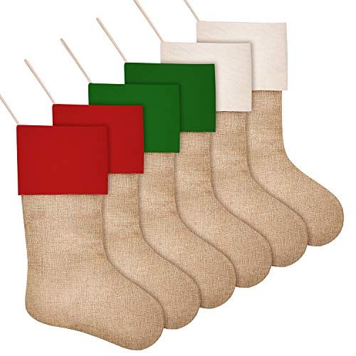  SAVITA 6 Pieces Christmas Stockings, 3 Color Xmas Fireplace Hanging Stockings for Christmas Decorations, Burlap Christmas Stockings for Gift, Candy, DIY Craft (16 inches)