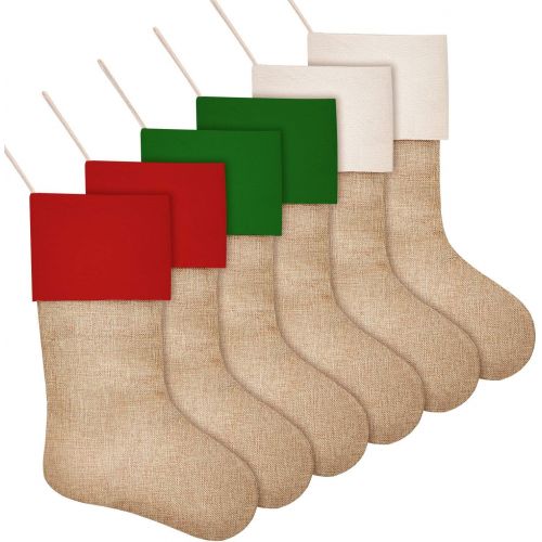  SAVITA 6 Pieces Christmas Stockings, 3 Color Xmas Fireplace Hanging Stockings for Christmas Decorations, Burlap Christmas Stockings for Gift, Candy, DIY Craft (16 inches)