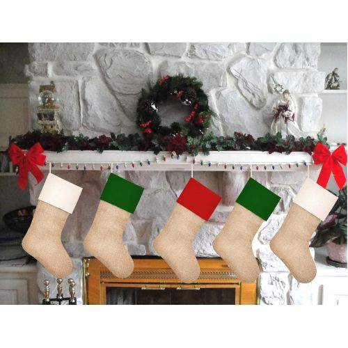  SAVITA 6 Pieces Christmas Stockings, 3 Color Xmas Fireplace Hanging Stockings for Christmas Decorations, Burlap Christmas Stockings for Gift, Candy, DIY Craft (16 inches)