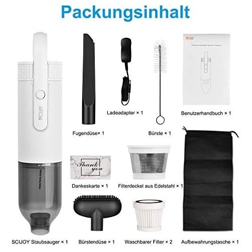  Handstaubsauger, SCIJOY 8000PA/100W Akku Handsauger Kabellos (2 Saugstufen, 18V 2200mAh Li-Ionen-Akku, 40min Laufzeit, 2 Waschbarer Filter, Ausziehbarer Griff), Akkusauger fuer Auto