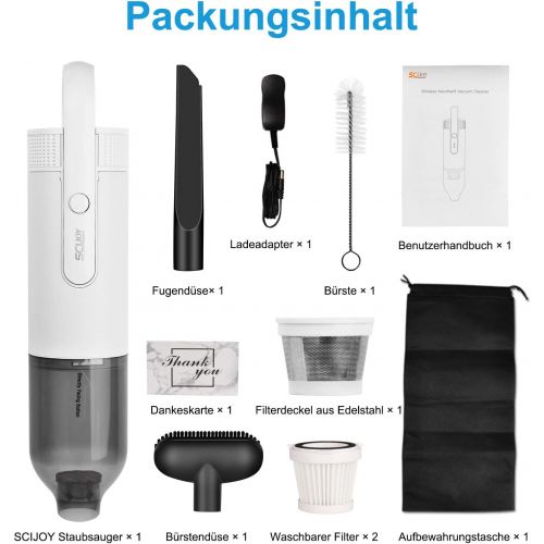  Handstaubsauger, SCIJOY 8000PA/100W Akku Handsauger Kabellos (2 Saugstufen, 18V 2200mAh Li-Ionen-Akku, 40min Laufzeit, 2 Waschbarer Filter, Ausziehbarer Griff), Akkusauger fuer Auto