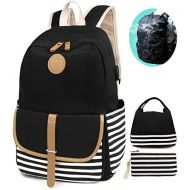 [아마존베스트]SCIONE School Backpacks for Women Teen Girls with USB Charging Port and Backpack Rain Cover Lightweight Canvas Stripe Backpack Cute Teen Bookpacks Set Bookbags+Insulated Lunch Bag+