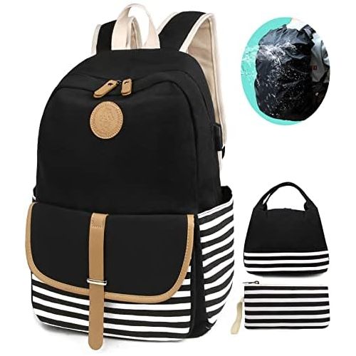  [아마존베스트]SCIONE School Backpacks for Women Teen Girls with USB Charging Port and Backpack Rain Cover Lightweight Canvas Stripe Backpack Cute Teen Bookpacks Set Bookbags+Insulated Lunch Bag+