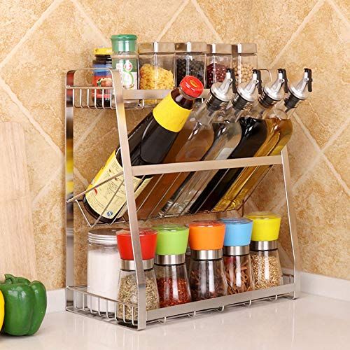  SCKL Kitchen Countertop Organizer Holder Rack, Seasoning Storage Rack Wall-Mounted Creative Sauce Storage Rack Cans Bottles Organizer Shelf - Stainless Steel,A