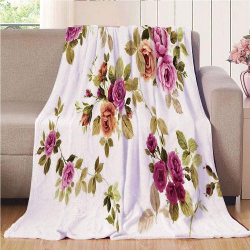  SCOCICI Blanket for Bed Couch Chair Fall Winter Spring Living Room,Watercolor Flower,Vintage Branch of Rose Blossoming Classic Floral Design Print,Fuschsia Green Amber,59.06 W x 86