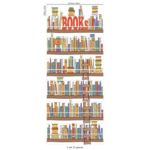  SCOCICI Stair Stickers Wall Stickers,13 PCS Self-adhesive,Modern,Library Bookshelf with A...
