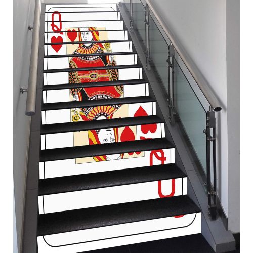  SCOCICI Stair Stickers Wall Stickers,13 PCS Self-adhesive,Queen,Queen of Hearts Playing Card Casino Decor Gambling Game Poker Blackjack Deck,Red Yellow White,Stair Riser Decal for Living R