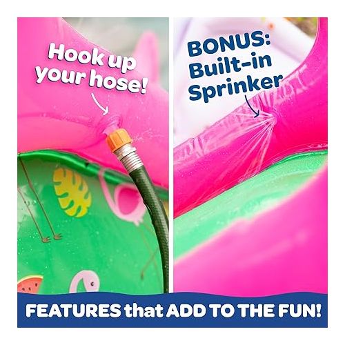  Giant Inflatable Flamingo Pool Slide w/Built-in Side Water Sprinklers for Kids- Extra Large Size (98