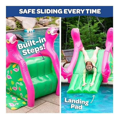  Giant Inflatable Flamingo Pool Slide w/Built-in Side Water Sprinklers for Kids- Extra Large Size (98