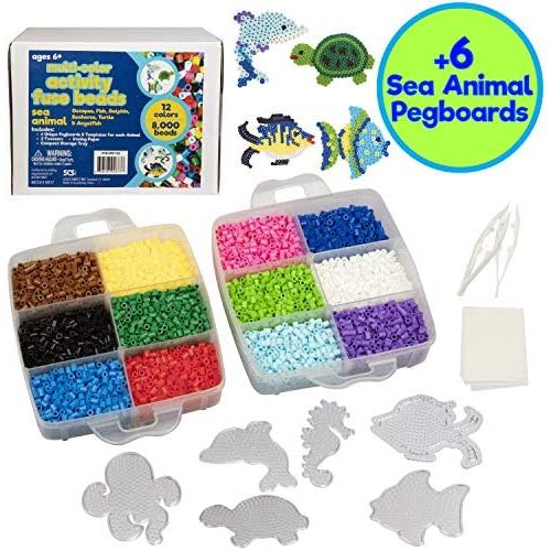  [아마존베스트]SCS Direct 8,000pc Fuse Bead Super Kit w/Sea Animal Pegboards and Templates - 12 Colors, 6 Peg Boards, Tweezers, Ironing Paper, Case - Works with Perler Beads