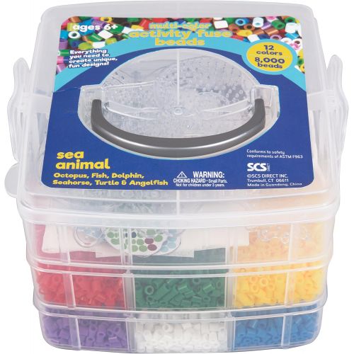  [아마존베스트]SCS Direct 8,000pc Fuse Bead Super Kit w/Sea Animal Pegboards and Templates - 12 Colors, 6 Peg Boards, Tweezers, Ironing Paper, Case - Works with Perler Beads