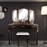 SCYL Tri Folding Mirror Vanity Table Set Dressing Table with Cushioned Stool& 7 Storage Drawer Wood Furniture (Espresso)